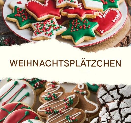 Beschreibung: Ein Teller mit frisch gebackenen Weihnachtsplätzchen, verziert mit buntem Zuckerguss und Streuseln.