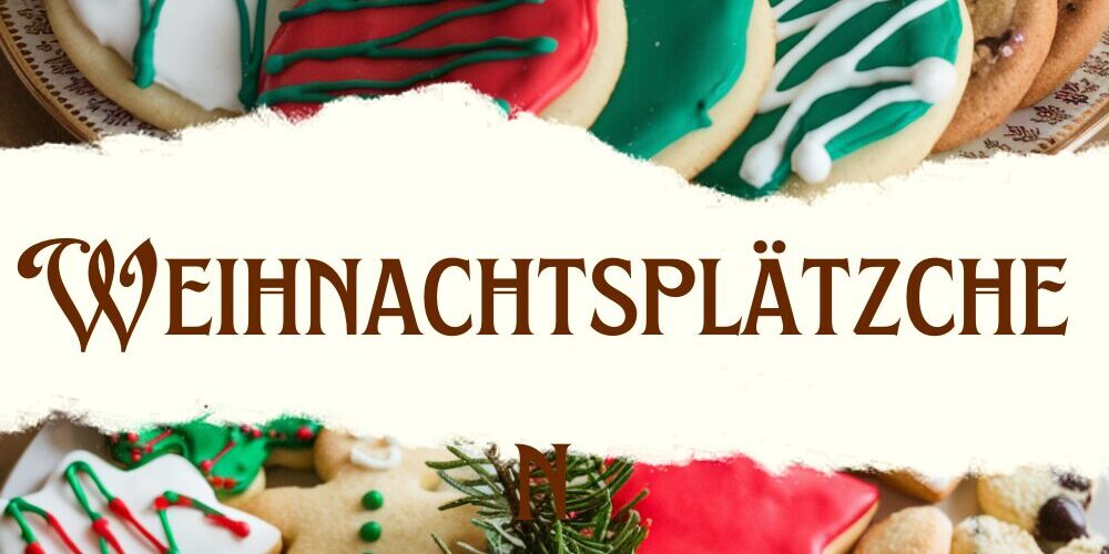 Ein Teller mit klassischen Weihnachtsplätzchen in verschiedenen Formen wie Sternen und Herzen, dekoriert mit Zuckerguss und Streuseln