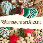 Ein Teller mit klassischen Weihnachtsplätzchen in verschiedenen Formen wie Sternen und Herzen, dekoriert mit Zuckerguss und Streuseln