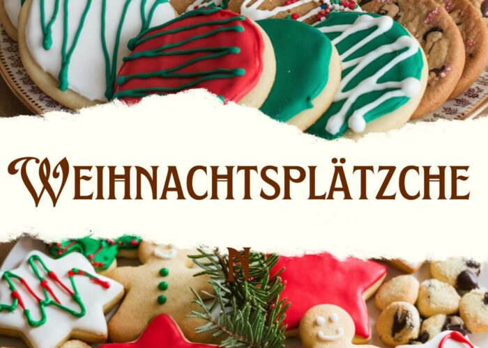 Ein Teller mit klassischen Weihnachtsplätzchen in verschiedenen Formen wie Sternen und Herzen, dekoriert mit Zuckerguss und Streuseln